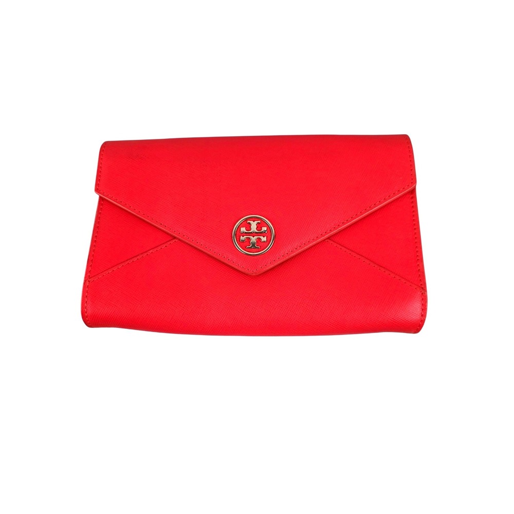 Tory Burch Robinson Red Orange Saffiano Leather Envelope Clutch Bag Mirror
